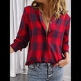 thumbnail image 4 of Camisas A Cuadros con Cuello en V para Mujer, Elegantes, Informales, con Botones, Estilo Bohemio, para el Trabajo, de Larga, para Otoño. Rojo L, 4 of 10