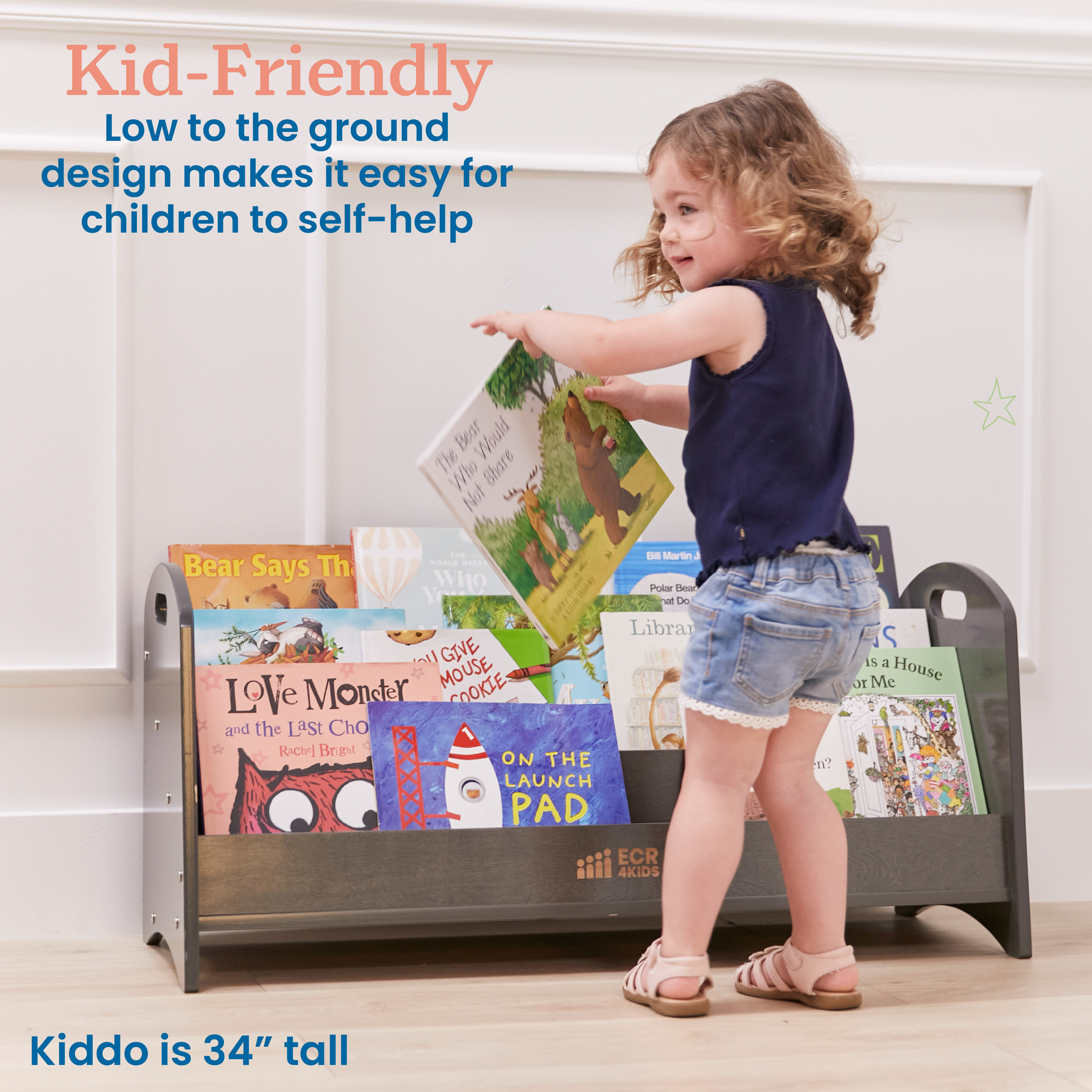ECR4Kids 3-Shelf Floor Book Display with Handles, 36in, Children's Furniture, Grey Wash