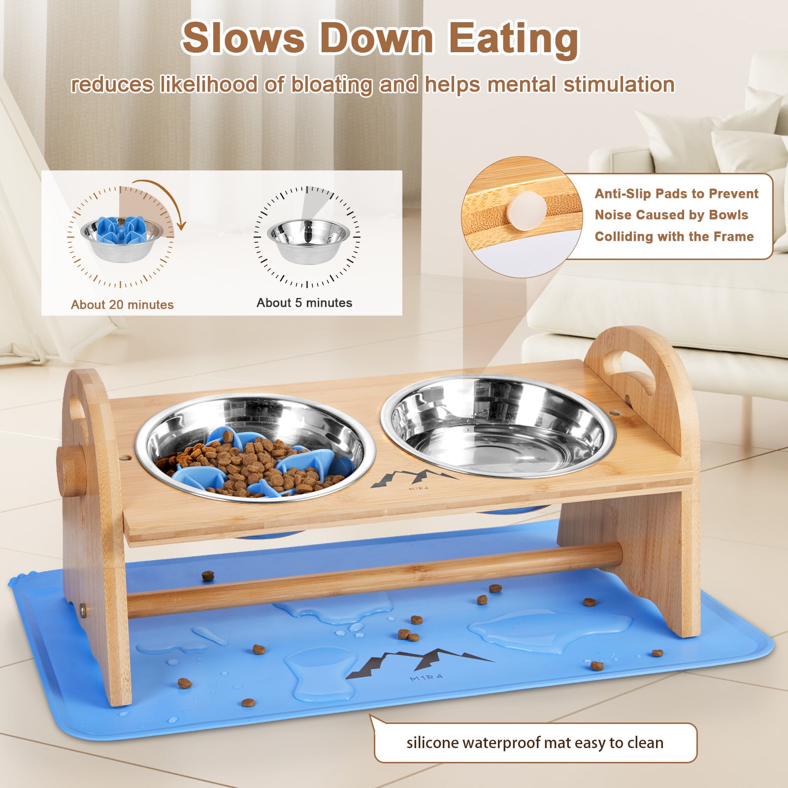 M1R4 Pet Supplies Adjustable Height Small Bamboo Elevated Bowl Bundle with Two Stainless Steel Bowls for Pets, Blue