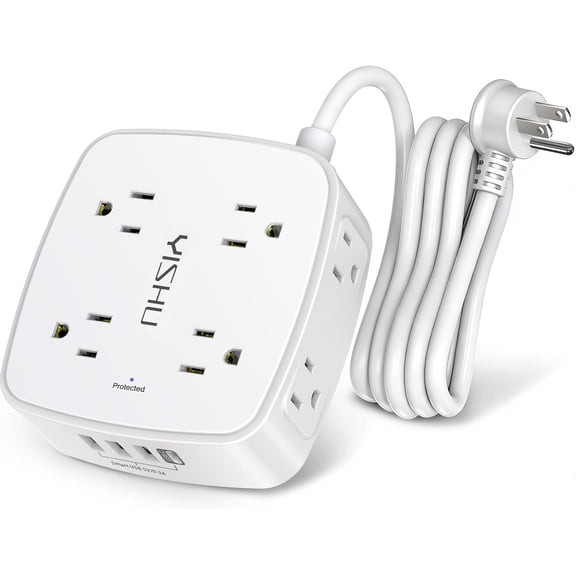 6 Ft Surge Protector Power Strip - 8 Widely Outlets with 4 USB Ports, 3 Side Outlet Extender with 6 Feet Extension Cord, Flat Plug, Wall Mount, Desk USB Charging Station, ETL,White