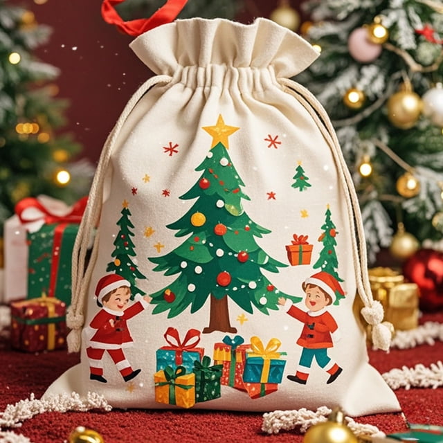 Large Christmas Drawstring Gift Storage Bag, 25.6x18.8 Inch Canvas Santa Candy Apple Bag, Reusable Holiday Party Favor Organizer Bag