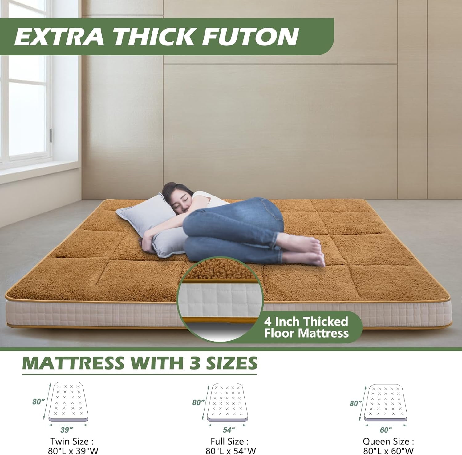 Slsy Japanese Floor Mattress for Adults, 4" Thick Sherpa Fleece Futon Mattress, Roll Up Sleeping Pads, Reversible and Portable Folding Foam Floor Bed Tatami Mat