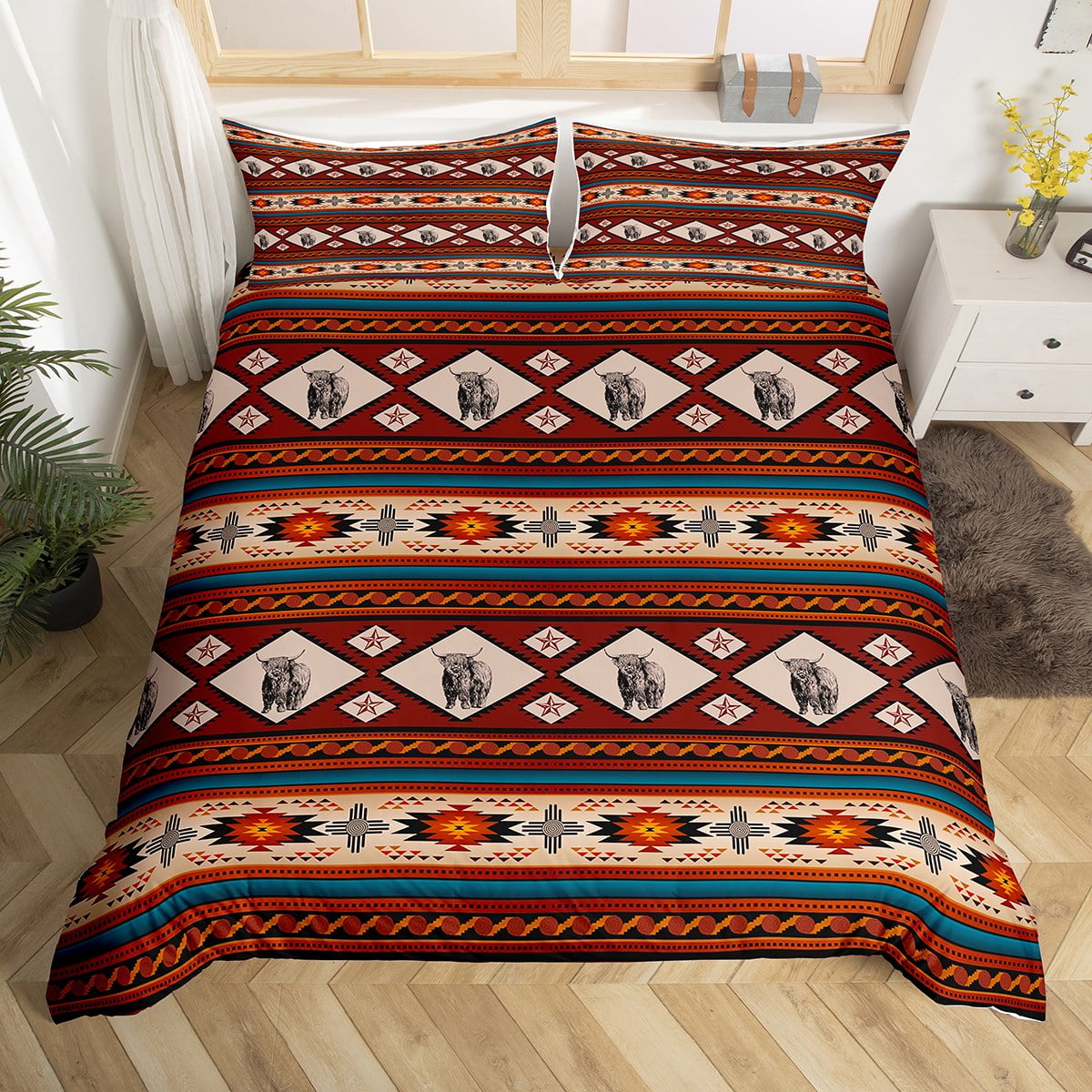 Rustic Highland Cow Duvet Cover Ethnic Tribe Aztec Bedding Set