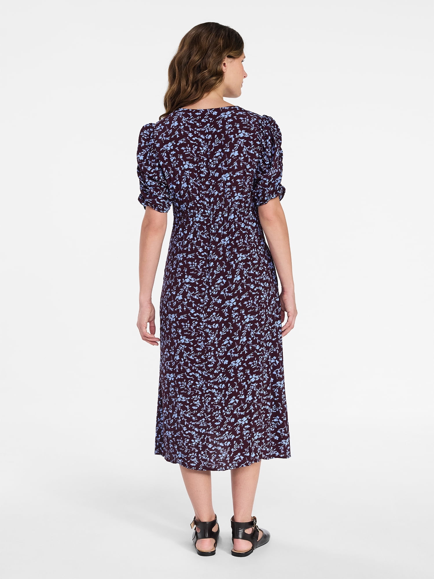 Time and Tru Women's Midi Dress with Ruched Sleeves, Sizes XS-XXXL