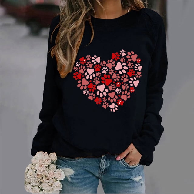Styesk Chandails à Manches Longues pour Femmes, Imprimé de Cœur, Hauts de Sortie, T-Shirts Confortables et Doux à Col Rond, Chandail à Enfiler, Mode, Ample, Léger, Chandail en Molleton, Graphique de la Saint-Valentin, Hauts Décontractés
