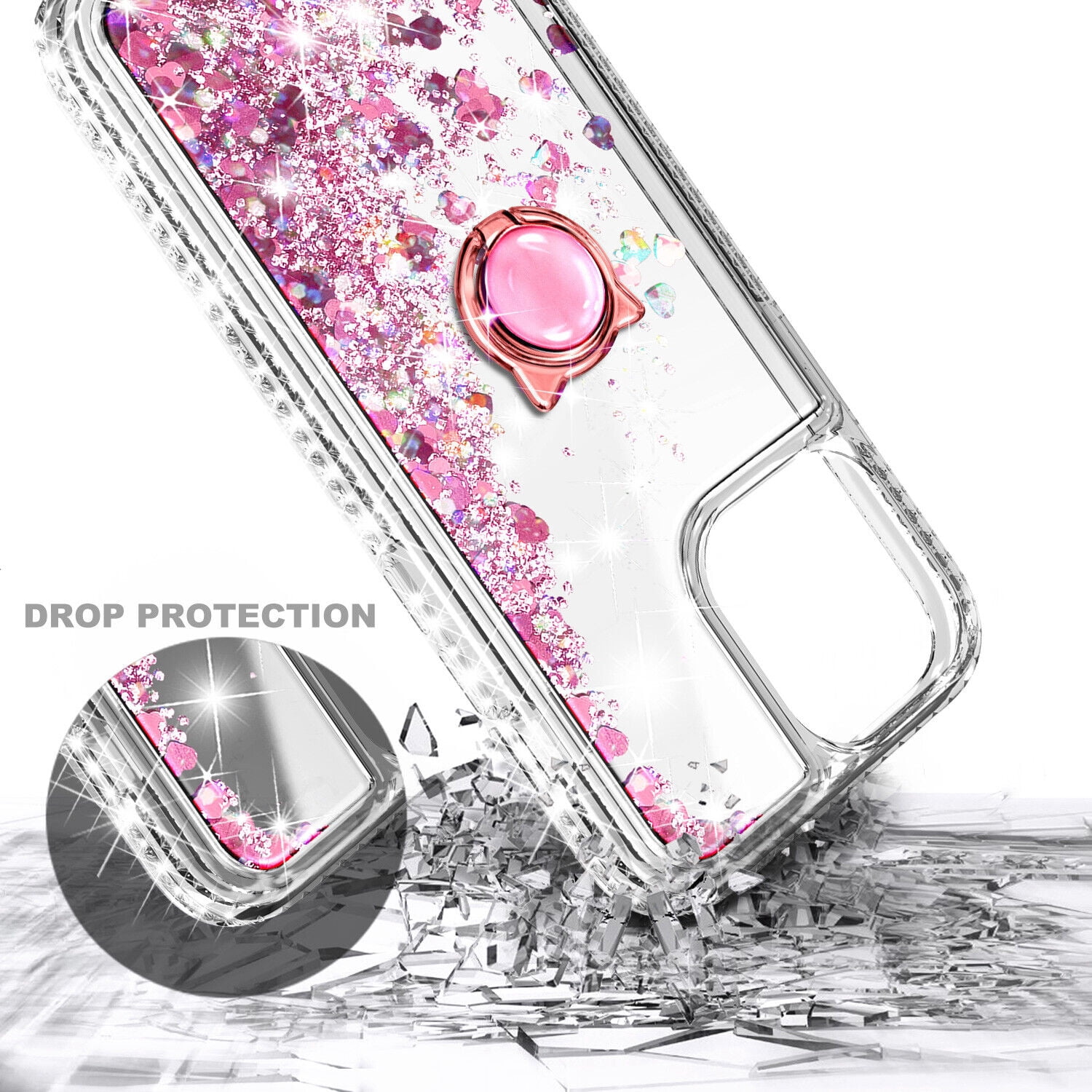 Case for iPhone 14 Pro, Moving Liquid Holographic Glitter Case with Kickstand, Women Slim Protective Case, Clear