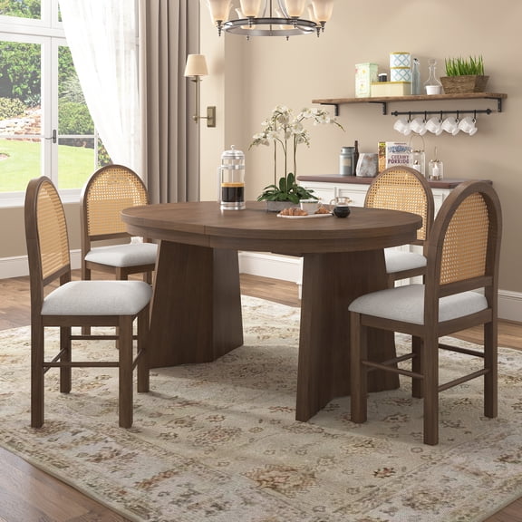 Euroco 5 Piece Round Dining Table Set for 4, 58" Retro Extendable Dining Table with 4 Upholstered Chairs,Kitchen Table and Chairs Set for Dining Room,Walnut