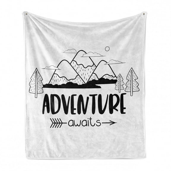 Saying Soft Flannel Fleece Throw Blanket, Outline Monochrome Mountain Trees and Lettering Adventure Themed Graphic, Cozy Plush for Indoor and Outdoor Use, 60" x 80", Charcoal Grey White, by Ambesonne