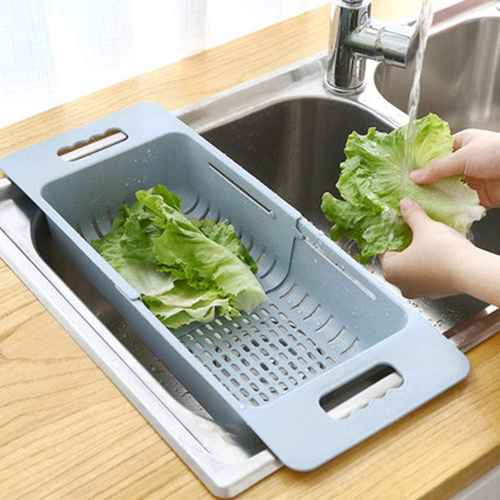 Blue Plastic Multifunctional Sink Draining Rack Plastic Vegetable Rice Strainer Adjustable Retractable Dish Sink Drain Basket