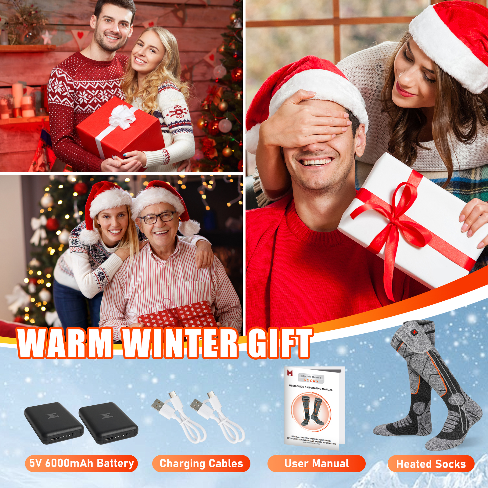 Heated Socks for Men Women, 5V 6000mAh Rechargeable Heated Socks , Electric Socks with 3 Heating Levels for Winter, Skiing, Hunting, Camping, Hiking, Cycling, Outdoor Work