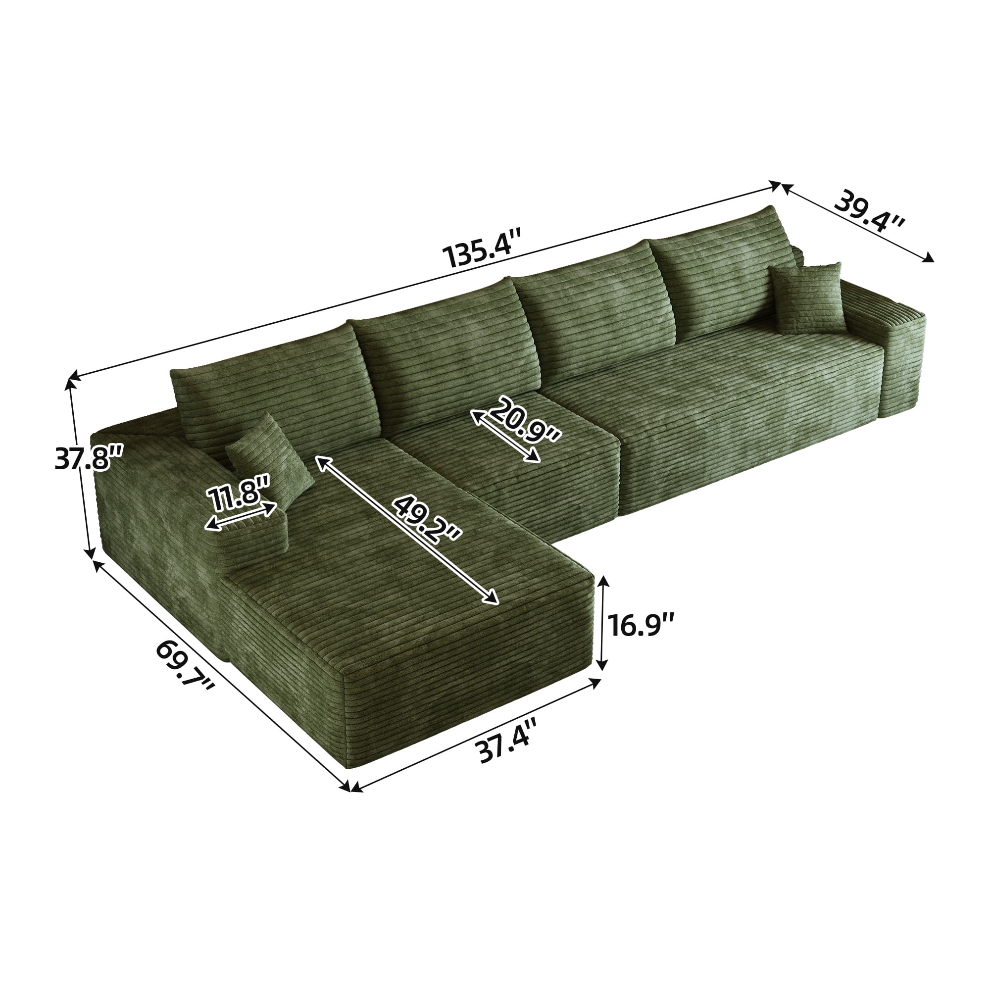 MAYEERTY 135" Cloud Sectional Couch Green Plush Corduroy L-Shape Chaise Deep Seat No Assembly Living Room/Bedroom