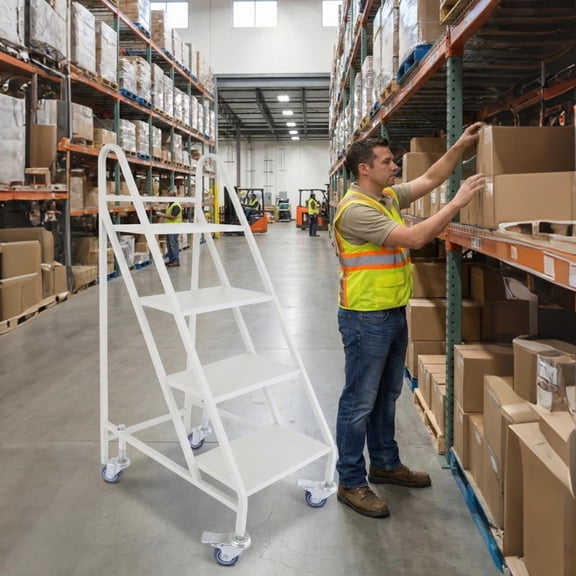 Stair Ladder 4 Step Rolling, Heavy Duty Warehouse Platform Ladder with Handrail and Locking Casters, 661 LBS