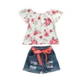 thumbnail image 2 of Elippeo Kids Girls Two-Piece Outfits 1-6 Years Short Sleeve Flower Pattern Tops + Ripped Short Trousers, 2 of 10