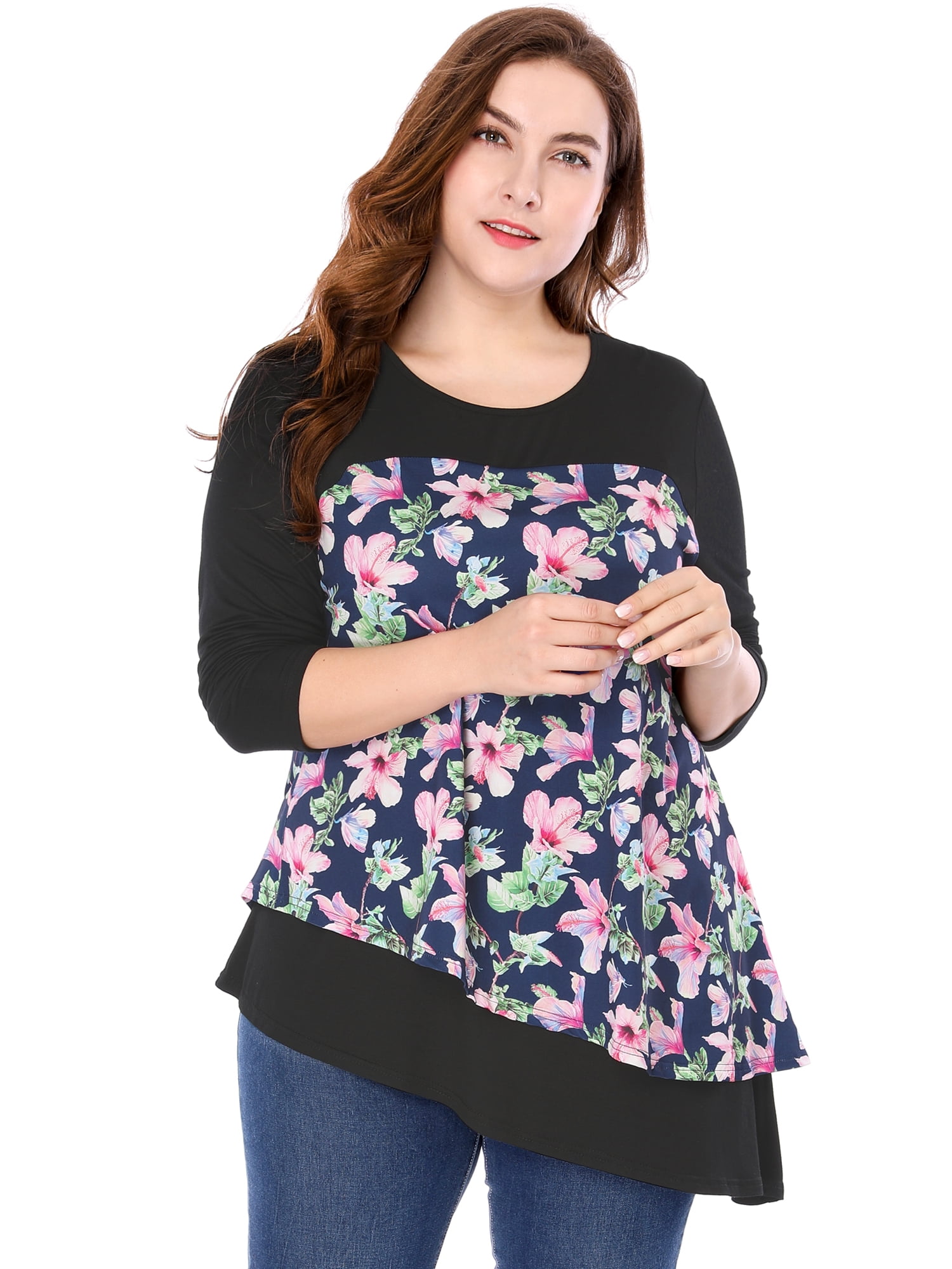 Unique Bargains Women's Plus Size Floral Prints Asymmetric Hem