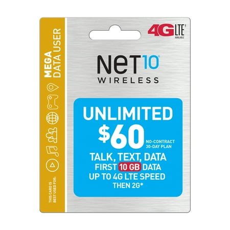Net10 $60 Unlimited 30 Day Plan (10GB of data at high speed, then 2G*) (Email Delivery)