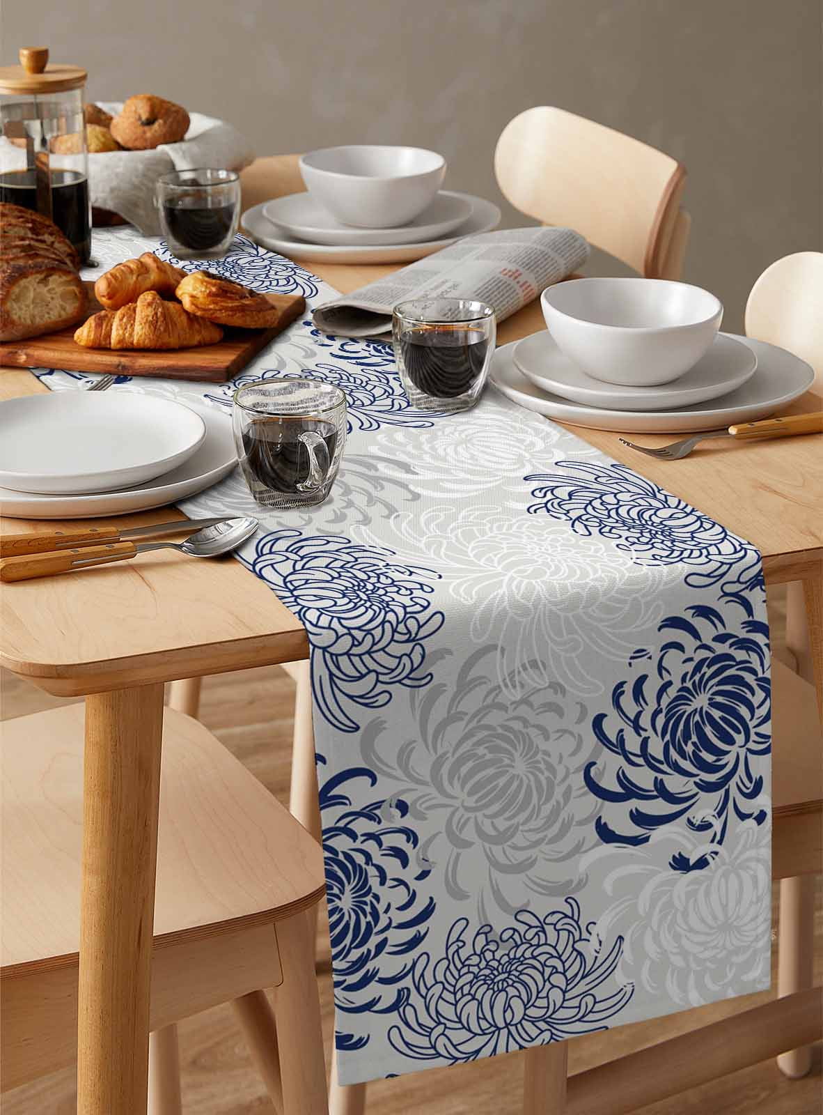 Table Runners 72 Inches Long Dress Scarves, Blue White Farmhouse Kitchen/Dining Table Runner, Coffee Tablerunners, Abstract Grey Chrysanthemum Flower Floral 13x72 Inch