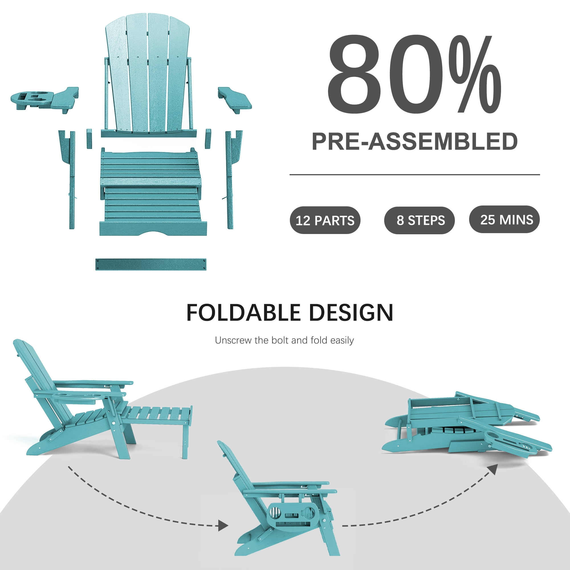 Folding Adirondack Chair with Retractable Ottoman, HDPE All-Weather Resistant Adjustable Backrest Adirondack Chair w/4 in 1 Cup Holder Trays, Aruba Blue