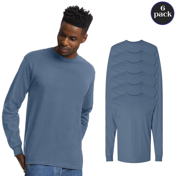 Gildan Ultra Cotton Long Sleeve T-Shirt for Men, Pack of 6, UV Sun Protective Tee, Indigo Blue, S