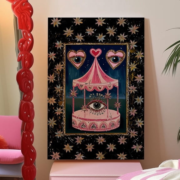 Wall Art, Surreal Carousel, Mystical Eye, Whimsical Home Decor, Pink Fantasy Art, Celestial Vision, Dreamy Gothic Art Wall Art, Modern Wall Decor For Living Room, 8x12 UNFRAMED