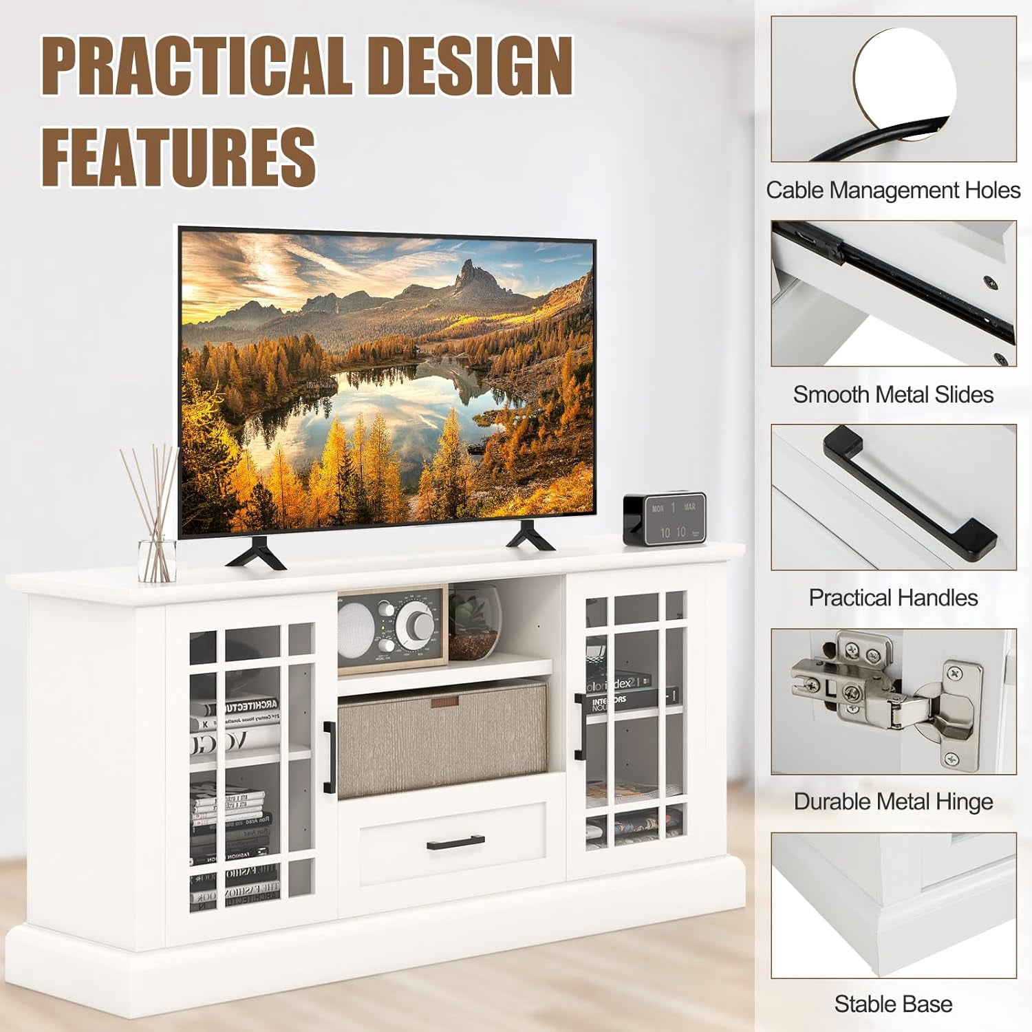 70" TV Stand, Farmhouse Wood TV Cabinet Entertainment Center, Glass Doors Cubbies and Drawer, White