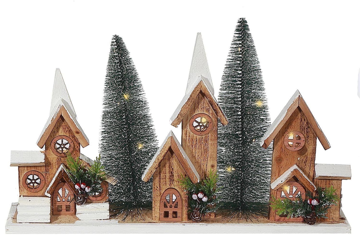 Led Triple Wooden House Brown 12.01"