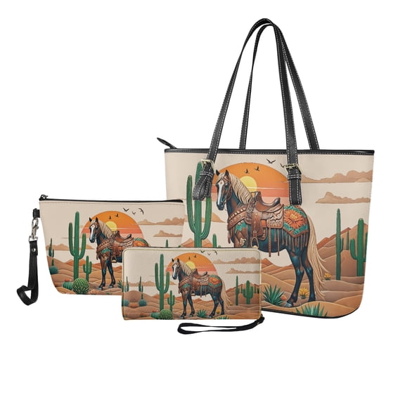 ZUXONGSY Desert Horse Cactus Print Handbag with Multifunctional Cosmetic Bags Purse for Women PU Leather Top Handle Satchel Set with Lightweight Makeup Pouch Card Holder for Travel Shopping