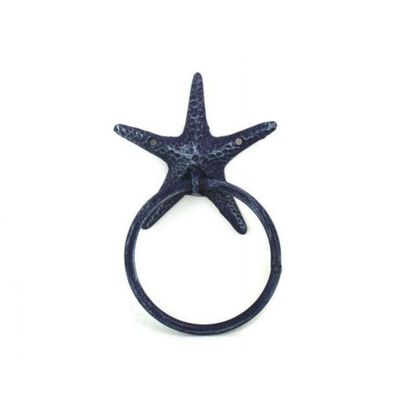 Hampton Nautical Rustic Starfish Towel Holder 8.5" Decoration-Antique Vintage Cast Iron, Solid Dark Blue