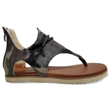 

Women Comfy Sandal Cutout Thong Sandals Vintage Casual Back Zips Flat Heel Clip-Toe Shoes 41 Camouflage Grey