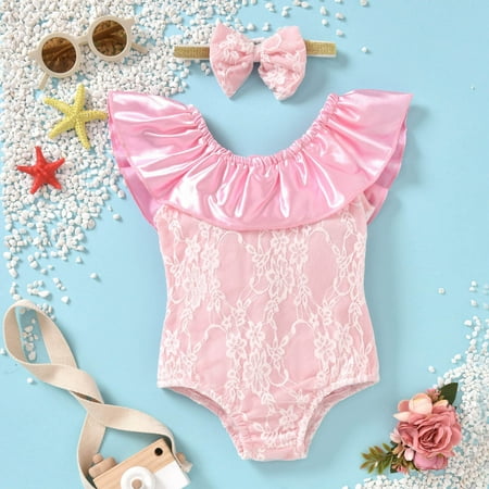 

QISIWOLE Toddler Baby Girls Summer Cute Lace Ruffles Pleated Bow Headdress One-piece Swimsuit Clearance