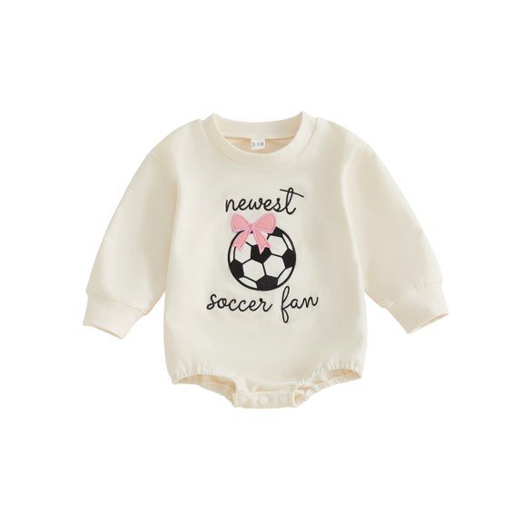 RUINIXCW Baby Girl Football Sweatshirt Romper Letter Soccer Ball Bow Embroidered Long Sleeve Bubble Bodysuit for Winter Fall