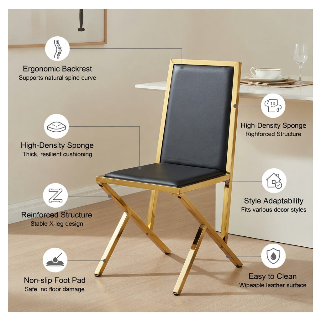 Hommoo 4-Pack PU Leather Dining Chairs with Metal Frame, Ergonomic Modern Design, Easy Assembly & Adjustable Non-Slip Feet, Black & Gold