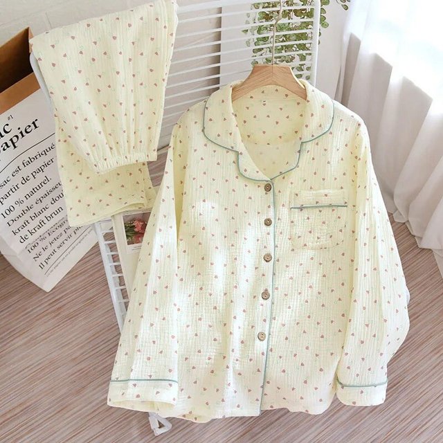 Conjunto de pijamas con estampado de corazón para mujer, ropa de casa de algodón crepé, doble capa, gasa, cuello vuelto, pantalones de manga larga, Primavera, nuevo