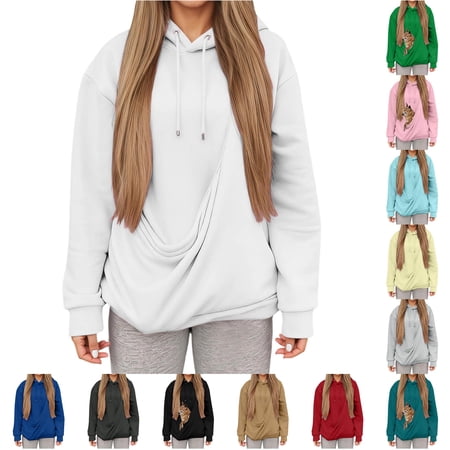 RUTAYY Women s Hoodies Long Sleeve Solid Color Fall Winter with Drawstring Pet Pocket Pouch Cat Comfort Hooded Sweatshirt White