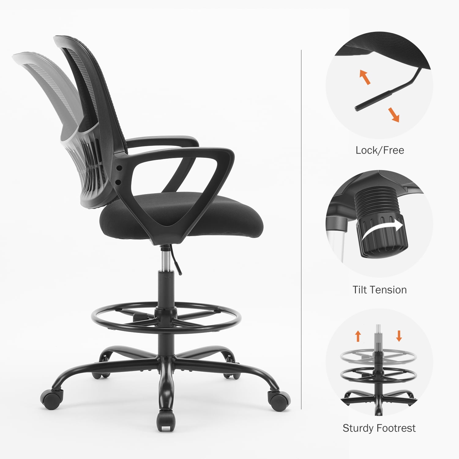 GIANNA Office Chair, Ergonomic Tall Mesh Office Chair with Storable Lumbar Support, Adjustable Foot Ring , Armrests and Mid Back High Task Chair with Wheels, Black