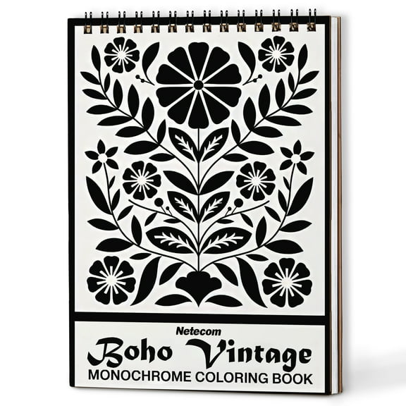 Boho Vintage Monochrome Coloring Book Spiral Bound for Adults, A5 Wooden Cover, Relaxing One-Color Illustrations with Floral Art, Mandalas, and Cozy Scenes for Mindfulness, Stress Relief