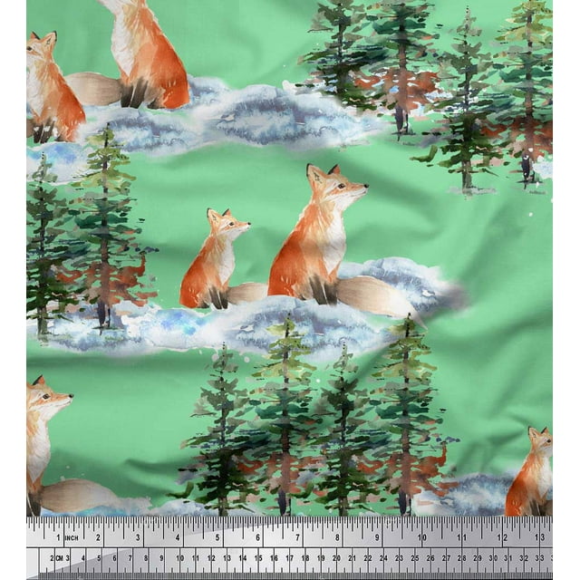 Soimoi Green Poly Georgette Fabric Fox & Pine Tree Printed Craft Fabric by the Yard 42 Inch Wide