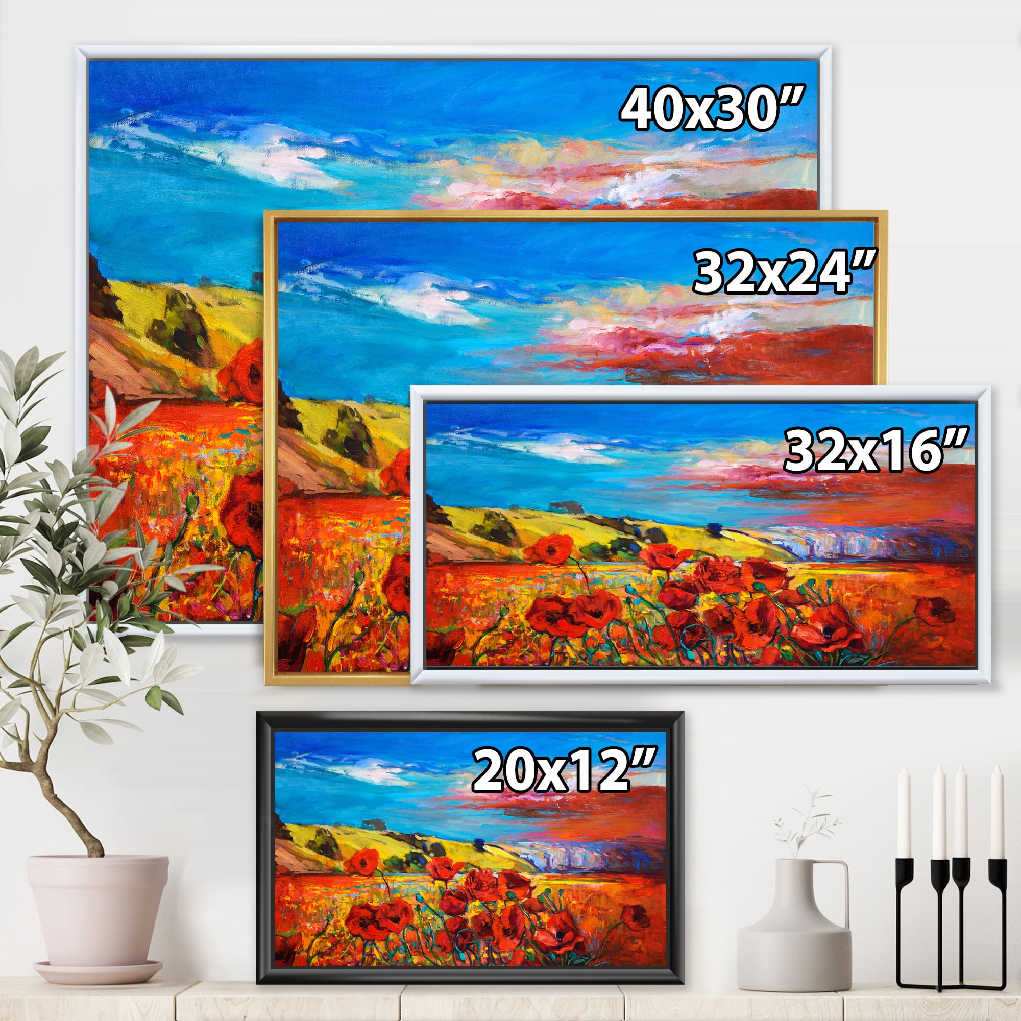 Designart 'Blossomg Red Poppies Under A Blue Sky' Traditional Framed Canvas Wall Art Print