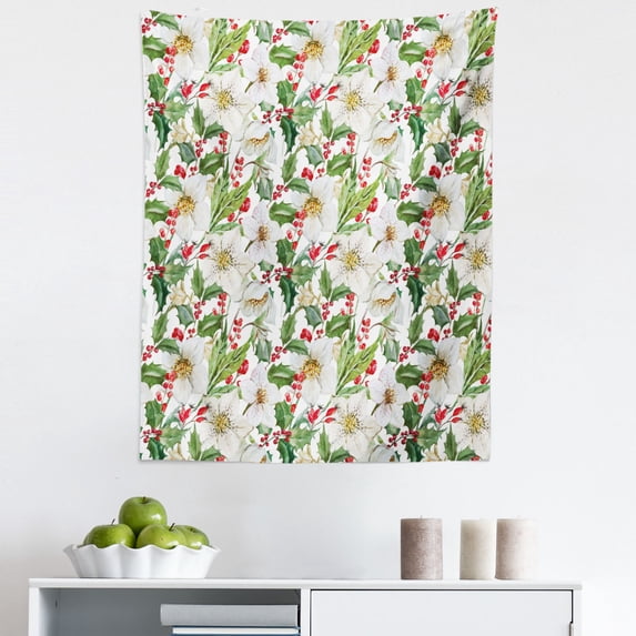 Watercolor Tapestry, Christmas Themed Floral Poinsettia Berries Winter Inspirations Leaf, Fabric Wall Hanging Decor for Bedroom Living Room Dorm, 5 Sizes, Vermilion Yellow Green, by Ambesonne