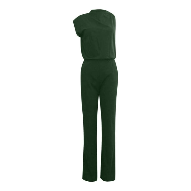Mono de mujer de color liso con pantalón recto - Poliéster y spandex, tirantes finos, pierna ancha, diseño holgado informal.