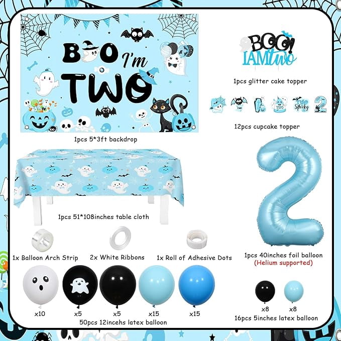 Boo I’m Two Birthday Decoration Boy Halloween Theme Backdrop Cake Cupcake Topper Table Cloth Blue Black Foil Balloon Garland Arch Kit for Two Spooky 2 Years Old Birthday Decoration
