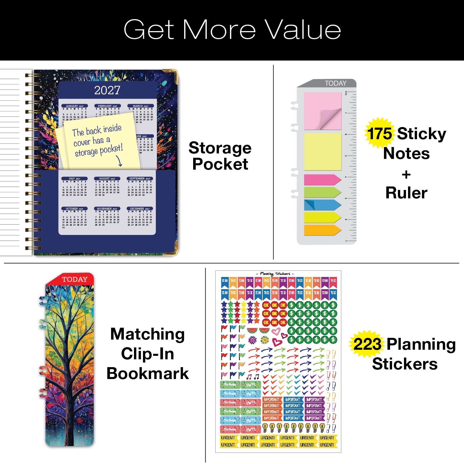 2026-2027 Excello Brands 8.5" x 11" Academic Year Hardcover Fashion Planner, Weekly/Monthly, 14 Month, Black Tree Seasons