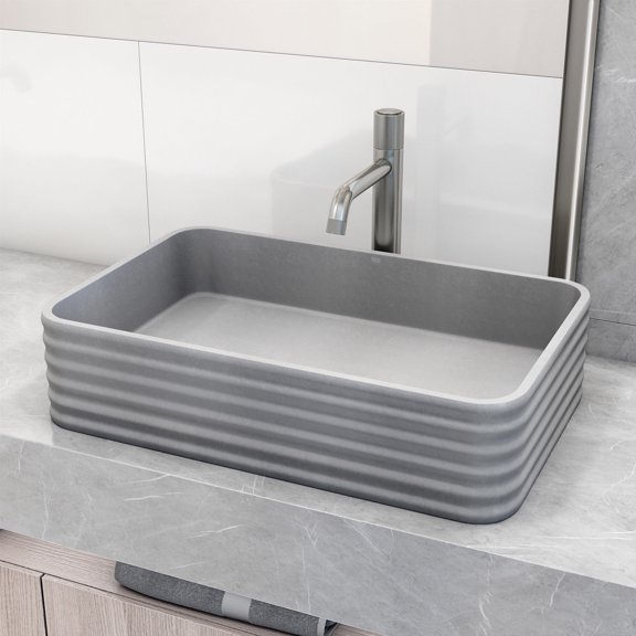 VIGO Cadman Gray Concreto Stone Fluted Rectangular Bathroom Vessel Sink with Apollo Faucet and Pop-Up Drain in Brushed Nickel-VGT2101
