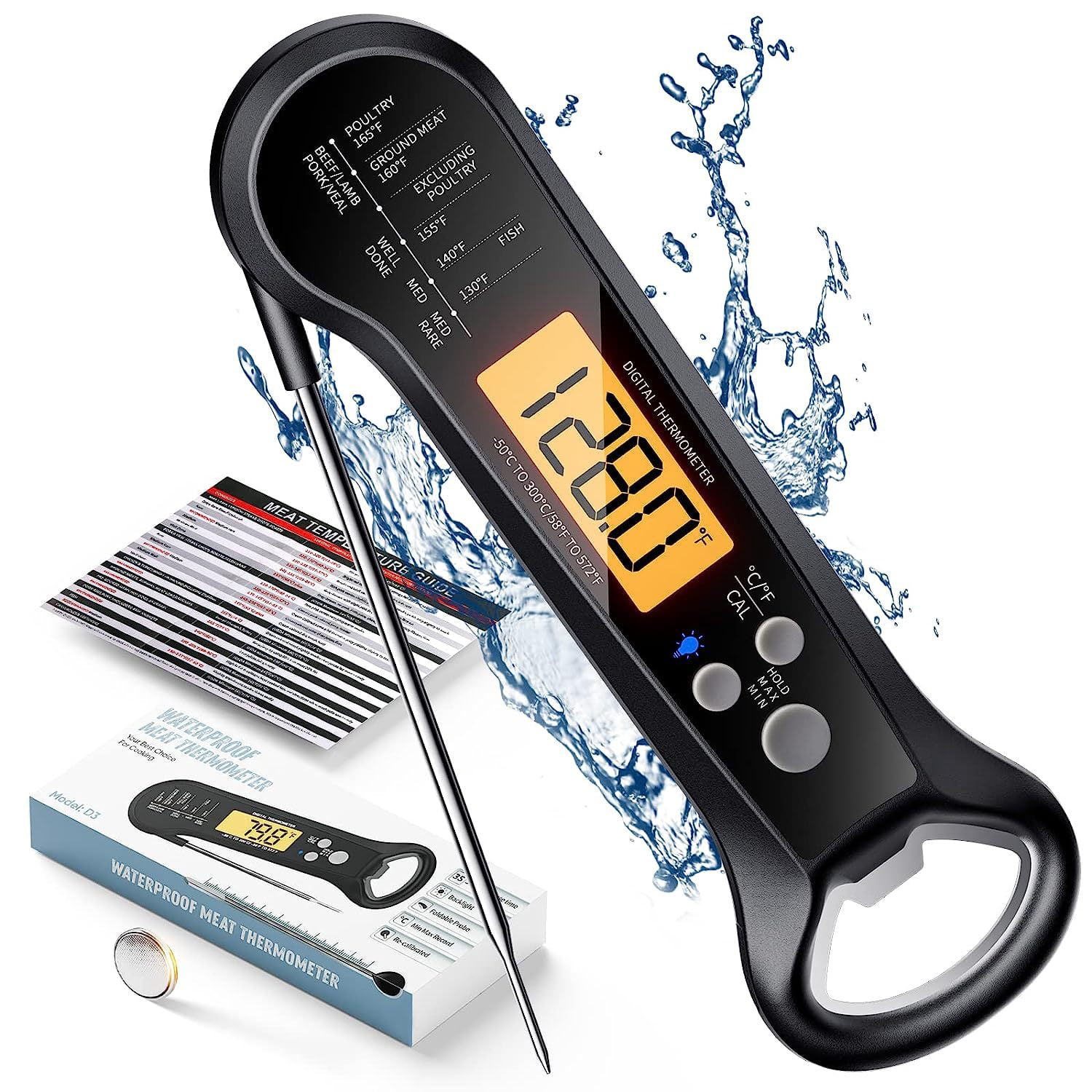 Real time reading of meat thermometer numbers , Food Thermometer for Cooking Kitchen Gadgets, Oven Grill Candy BBQ Essentials Accessories, Gifts for Him Dad Men