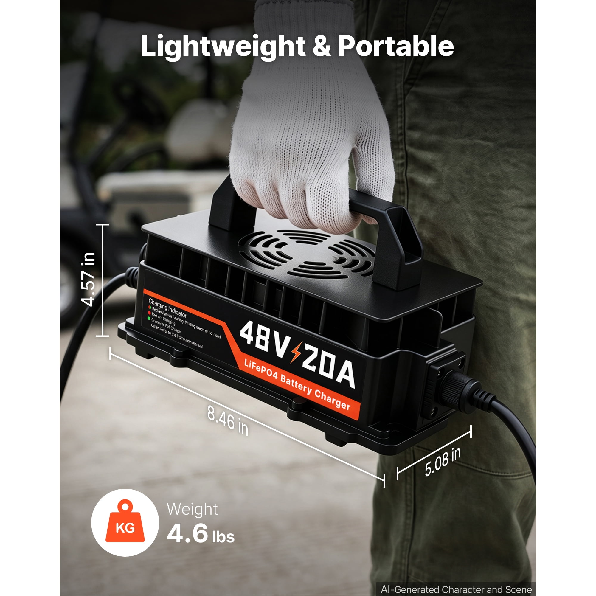 KFFKFF 48V 20A Golf Cart Battery Charger for Lithium Batteries, Durable Aluminum Shell, Trickle Charging, LED Display, Cooling System, Suitable for Forklifts, RVs, and Waterproof Design