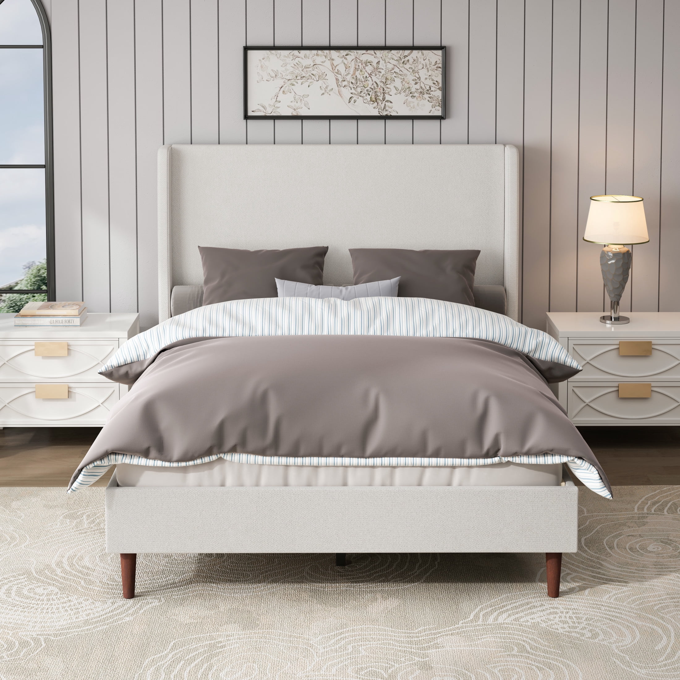 GDF Studio Queen Size Chenille Upholstered Bed with High Headboard & Wood Slat Support, Ivory White