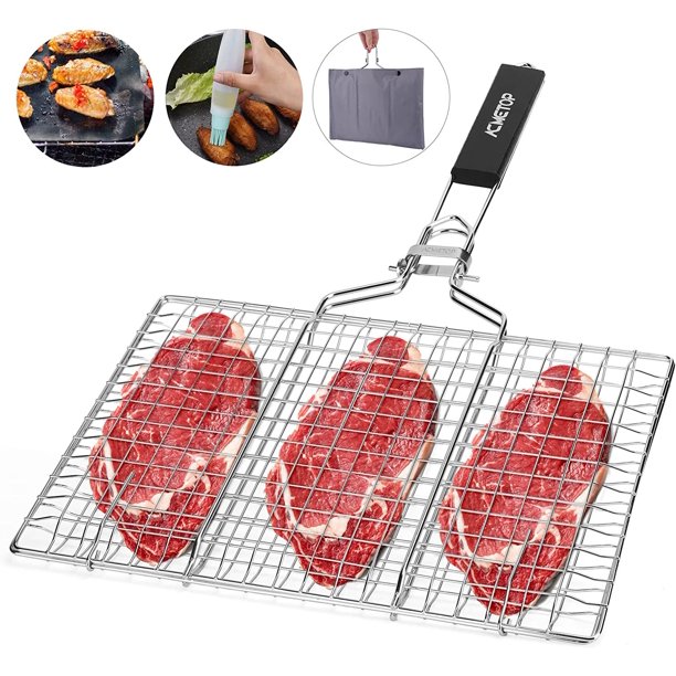 ACMETOP Portable BBQ Grill Basket Stainless Steel Fish Grill Basket with Removable Handle, Grill