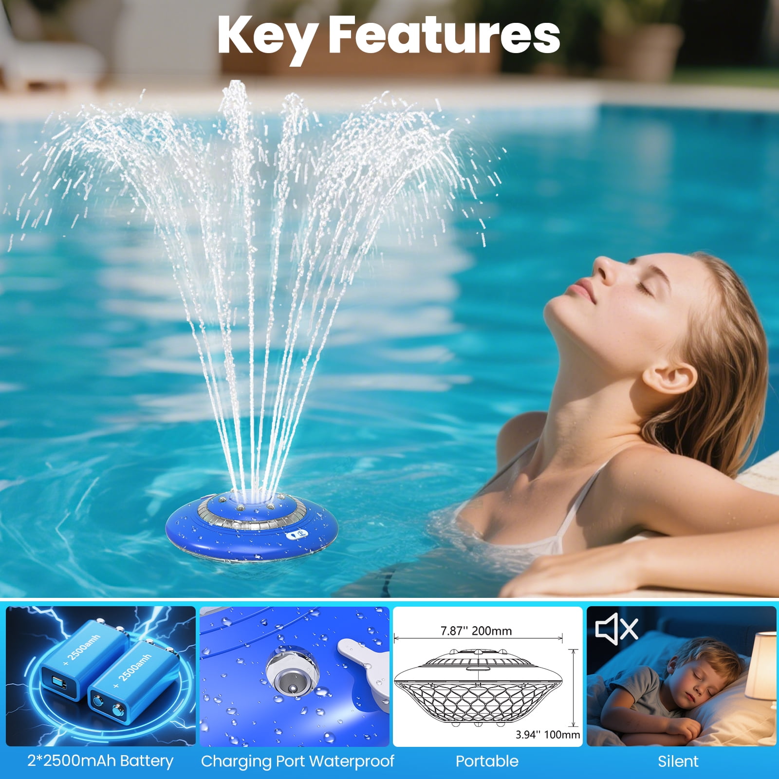 WARMTUYO Floating Pool Fountain with Light Show, Rechargeable with Remote, 9 Pool Light Modes & 3 Fountain Modes for Above Ground Pool, Pool Pond,Outdoor, Yard, Bird Baths
