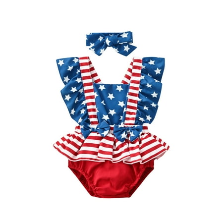 

Baby Girl 4th of July Outfit Star Striped Ruffle Sleeve Romper + Headband Independence Day Clothes