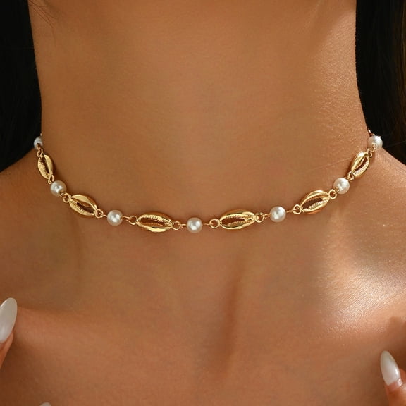 NICKSUN Shell Imitation Pearl Necklace Conch Shell Beaded Necklace Handmade Natural Seashell Necklaces