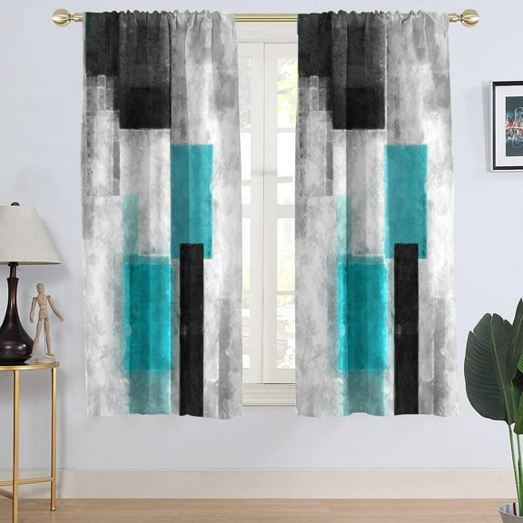 Teal Black and Grey Window Curtain Turquoise Aqua Gray Silver White Geometric Abstract Simple Printed Art Deco Living Room Bedroom Window Drapes Treatment Fabric 1 Pair, 42" W x 63" L, Modern